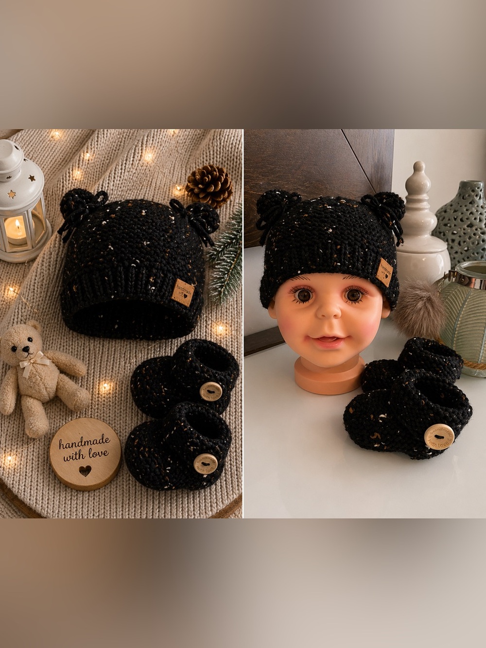 Kids Black Knit Pom Beanie and booties Set